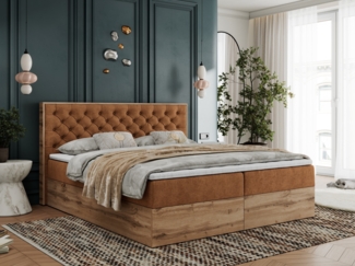 Boxspringbett mit Multipocket-Matratze und Zwei Bettkästen, Doppelbett mit Stauraum - ALBERO 3 - 180 x 200 cm - Orange Stoff - H4