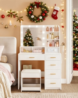 Schminktisch mit 10 LED-Beleuchtung, Hocker, Frisiertisch mit Große Spiegel, Schminktische mit Stecker, Und Haartrocknerhalter, Und Mehreren Schubladen, Weiß