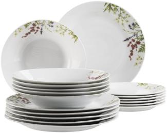 Tellerset fr 4 Personen mit detailliertem Blumendekor, 18-tlg. Geschirr Set mit flachen Tellern, tiefen Tellern und Desserttellern