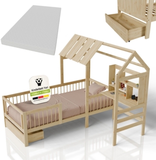 Juskys Kinderbett Yari 90x200 cm - Integrierter Schreibtisch, Praktische Schublade, Massiver Kieferrahmen, inklusive Matratze - natur