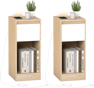 VASAGLE Nachttisch 2er Set, schmal, Beistelltisch, LED-Beleuchtung, 1 USB-A-Anschluss, 1 USB-C-Anschluss, Schublade, offenes Fach, für Schlafzimmer, Wohnzimmer, mandelgelb-wolkenweiß LETDE710Y01