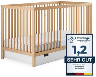 Ehrenkind Babybett PUR aus massivem Buchenholz, flexibel höhenverstellbar, Gitterbett, Kinderbett 9-Fach höhenverstellbar mit entnehmbaren Stangen Baby Bett