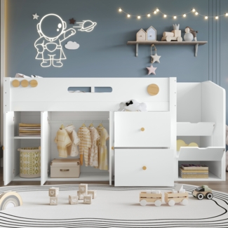 Holzbett, Kinderbett, Halbhohes Bett, Aufbewahrungstreppe mit magnetischen Türen, Zwei große Schubladen, Kleiderschrank, Kiefer + MDF + Sperrholz, Weiß + Natur, 90 x 200 cm