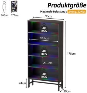 TWSOUL Vitrine Standvitrine LED Bücherschrank Hochschrank, Anrichte,Sammlervitrine 5-Lagen Standregal 178*90cm, Bis 204kg, perfekt für Sammler