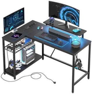 Bestier Gamingtisch L-förmiger Gaming Schreibtisch, 122x82cm Schreibtisch mit Regal (Eckschreibtisch mit USB Ladeanschluss & Steckdose, Tablett mit Ständer), mit Monitorständer Stauraum, Haken & Regal, reversibel