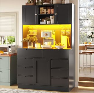 Flieks Küchenbuffet mit LED-Beleuchtung, Gläserhalter, 8 Schubladen und 3 Türen (1-St, B120/T40/H183,5 cm) Hochschrank Küchenschrank Geschirrschrank mit verstellbaren Ablagen