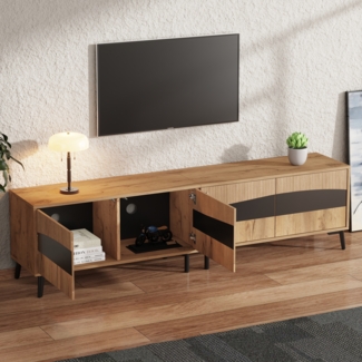Merax 180cm Lowboard, TV-Ständer, TV-Schrank mit 4 Schränken, Wohnzimmerschrank mit 8 Stützbeinen, Holzfarbe + schwarz