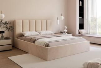 Goldstoff Polsterbett mit Stauraum & elegantem Kopfteil - modernes Stauraumbett (mit Bettkasten, Bett verfügbar in 120x200 140x200 160x200 180x200 200x200 cm), Elegantes Polsterbett mit Stauraum & komfortabel gepolstertem Kopfteil