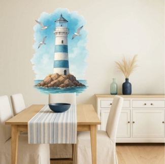 Sunnywall Wandtattoo Aufkleber Maritim Leuchtturm & Möwen – Aquarell blau-weiß, selbstklebend, konturgeschnitten, rückstandslos entfernbar