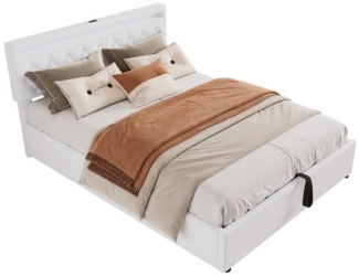 TavilaEcon Boxspringbett Polsterbett mit Bettkasten, höhenverstellbares Kopfteil, Leinen-Bezug (Ohne Matratze), LED-Beleuchtung, USB- und Typ-C-Steckdose, 160×200 cm, Weiß