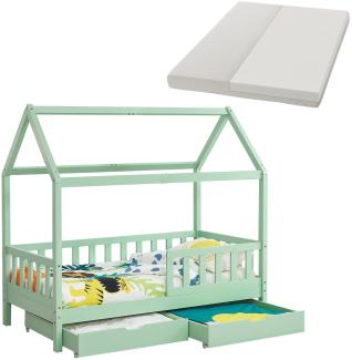 Juskys 'Marli' Kinderbett, mit Matratze, Bettkasten, Rausfallschutz, Lattenrost & Dach - Massivholz Hausbett für Kinder - Bett in Mint, 80x160 cm