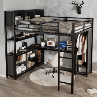 Eisenbett, Hochbett doppelstöckiger Stauraum unter dem Schreibtisch oberes Bett mit Stauraum mit Kleiderschrank, Eisen+Spanplatte, Schwarz, 140 x 200 cm