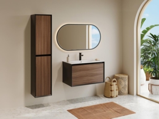 Vente-unique - Waschbeckenunterschrank hängend mit Einbauwaschbecken & Badhochschrank - Streifenoptik - Holzfarben dunkel & Schwarz - 80 cm - BANIVA