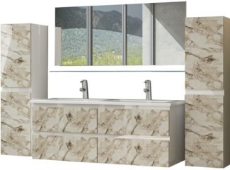 Homeline Badmöbel-Set Diana Doppel Waschbecken mit Spiegel Hängeschränke 120 cm, (Badmöbel Set 120 cm Weiss Marmor Optik Hochglanz Diana Badezimmermöbel Bad 6 Teilg, 6-St)