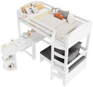 HAUSS SPOLE Hochbett 90x200 mit Tisch, Sofa, drei Kissen und Polster, mit Lagerregale, Weiß (Kinderbett, hochbett, 1-St, 90*200, ohne Matratze, 3 Kissen, 1 Polster, 2 Lagerregale) mit ausziehbarem Tisch, Sofa mit Stauraum