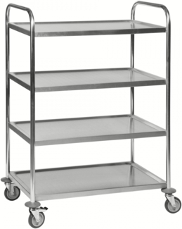 Kongamek Edelstahl- Tischwagen rostfrei mit 4 Böden 825x500mm mit Polyurethanbereifung und Bremse
