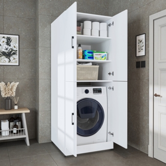 Roomart Waschmaschinenschrank - SERIE DORA 2 – Überbauschrank für Waschmaschine & Trockner mit Regalböden – Waschturm für Waschküche & Hauswirtschaftsraum • Weiß