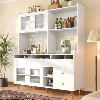 Sideboard Anrichte Buffet Weiß Schrank mit Changhong Glastür und Weinregal,mit Schubladen Metallgriffen und erhöhtem Boden