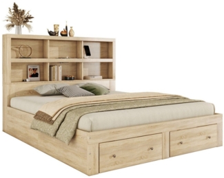 Merax Holzbett 160x200 cm mit 6 Fächern und 2 Schubladen, Doppelbett Kingsize mit USB-Anschluss, aus Massivholz