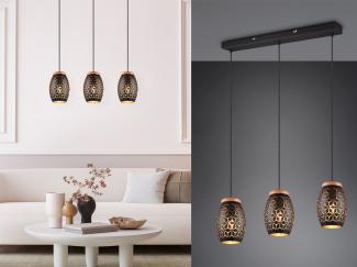 LED Balkenpendelleuchte in Schwarz/Gold mit ausgefallenem Stanzmuster, B 71cm