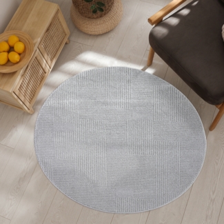 Teppich Rund Kurzflor Grau 200x200cm Geometrisch Gestreifte Muster mit Hoch-Tief-Effekt, 3D Effekt, Weich