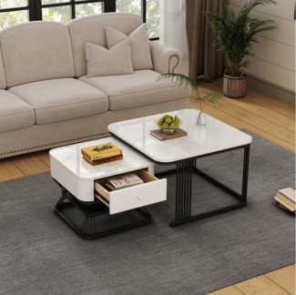 OKWISH Couchtisch 2-teiliges Set (Set, 1-St, Wohnzimmertisch-Set mit 1 Schublade), geometrischer Kaffeetish Set,hochglänzende Marmoroptik