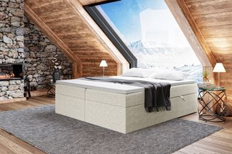 MEBLINI Boxspringbett LIONEL 140x220 cm mit Bettkasten - H3/Beige Webstoff Polsterbett - Doppelbett mit Topper & Bonellfederkern-Matratze