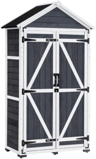 MCombo Gartenschrank Geräteschuppen Werkzeugschrank, Outdoor-Schrank Gartenbox, mit Satteldach, aus Holz Grau, 48 X 90 X 178 cm