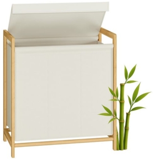 SONGMICS Wäschesammler mit Deckel, 3 Fächer Wäschekorb mit Bambusrahmen, Wäschesack abnehmbar, 150 L, creme