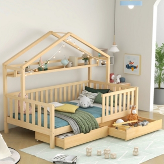 Flieks Kinderbett, Hausbett Einzelbett Kiefer 90x200 cm mit Ablageregal und 2 Schubladen
