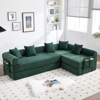 Flieks Großes Familiensofa, modular als Schlafsofa und Wohnlandschaft nutzbar, frei kombinierbare Module, Seitentasche, Smaragdgrün