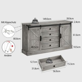 GarveeMore Kommode Kommode mit 4 Schubladen und Schiebetüren im Scheunentor-Stil