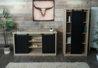 Wohnzimmerset aus Schrank und Sideboard HWC-K75, Schiebetüre Staufächer, Holz-Optik Industrial Metall ~ naturfarben