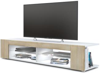 Vladon Lowboard Movie, TV-Kommode mit 4 offenen Fächern und Zierleisten, Weiß matt/Eiche Sägegrau, inkl. LED-Beleuchtung weiß (134 x 29 x 39 cm)