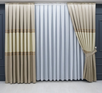 Gardinen by Justyna Vorhang Komplett-Set Vorhang Beige – Falten mit Store (5 St), Kräuselband, halbtransparent, Fertiggardine, Halbtransparent, Faltenband, Komplett-Set, Pflegeleicht