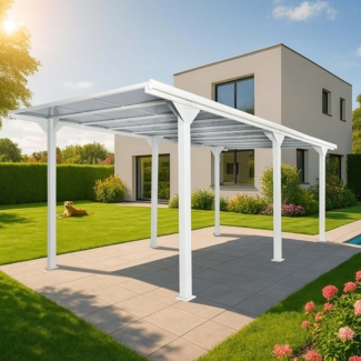 Alu-Pergola HWC-O23, Pavillon Terrassenüberdachung, stabiles 10cm-Gestell Polycarbonat-Dach Regenrinne 3x6 m ~ weiß