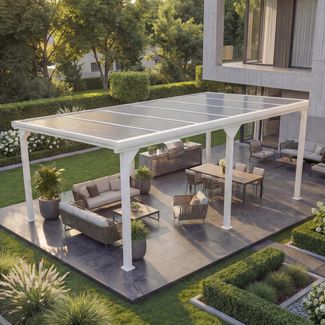 Alu-Pergola HWC-O23, Pavillon Terrassenüberdachung, stabiles 10cm-Gestell Polycarbonat-Dach Regenrinne 3x6m ~ weiß