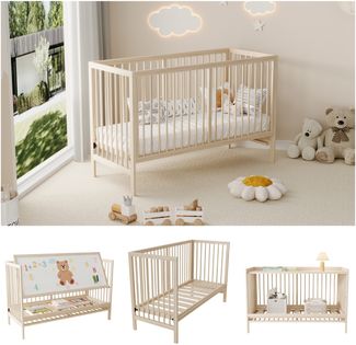 Merax Holz-Babybett, 124cm Multifunktions-Babybett, umwandelbar in Beistellbett, Staffelei & Schreibtisch, mehrstufig höhenverstellbar, aus Kiefernholz, Naturholzfarbe, ohne Matratze