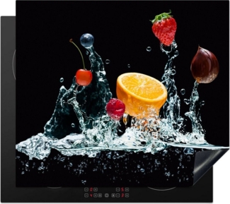 MuchoWow Herd-Abdeckplatte Wasser - Obst - Orange - Erdbeere - Kirsche - Schwarz, Vinyl, (1 tlg), Küche Herdabdeckplatte Ceranfeld Vinyl Einteilig, 59x52 cm