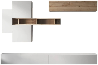 Dmora Wohnzimmermöbel Nate, Modulares Wohnzimmerset, Mehrzweck-Wohnzimmermöbel, TV-Schrank, Made in Italy, 276x30 h210 cm, Glänzendes Weiß und Eiche