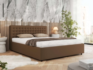 Polsterbett mit Holzlattenrost Doppelbett PAVO CLASSIC, hohe Kopfteil, Bettkasten mit Gasdruckfeder Multipocket Matratze - 180x200 cm - Braun Kunstleder - ELORI LUX