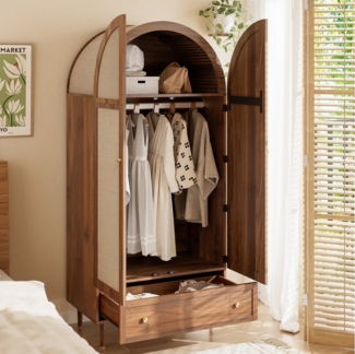 HAUSS SPOLE Kleiderschrank Kleiderschrank mit Stofftüren & Schublade, Garderobe für Schlafzimmer (Garderoben-Set, 1-St, Walnussoptik) Stofftüren, Schublade