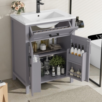 Merax Waschtisch, Badezimmerschrank mit Waschbeck, verstellbare Regale, integriertes Keramikwaschbecken, Grau