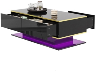 Merax Couchtisch hochglanz Sofatisch Beistelltisch mit LED-Beleuchtung (1-St, 110x55x40cm), Wohnzimmertisch mit 3 Schubladen & Stauraum,Satztisch mit Goldakzenten