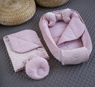 Loolay Bettnestchen Punkte ROSA/ MINKY Altrosa 5 TLG SET Babynest Babyausstattung, (Nestchen SET PREMIUM Geschenk SETS für Mädchen, 5-tlg, Neugeborene Nestchen, Babynestchen, Reisebett Unterlage), NESTCHEN + DECKE + MATRATZE + Bärchen + Schmetterling K...
