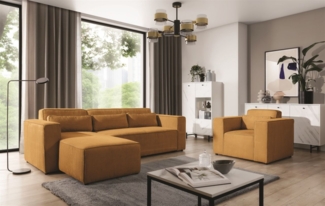 Ecksofa Schlafsofa inkl. Sessel WALDO Stoff Poso Senfgelb Ottomane Links