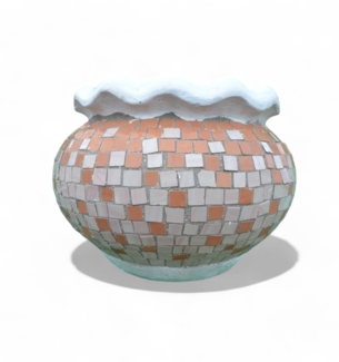 Pflanzgefäß Dahlie– Quadratischen Mosaikdesign Hell Braun – Höhe 32 cm – Ø 35 cm – Handgefertigt aus Beton & Keramik-Mosaik