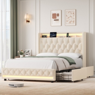 Homfa Polsterbett 140x200 Bett Doppelbett Bettgestell, mit Ladefunktion und 4 Schubladen, LED-Beleuchtung, ohne Matratze