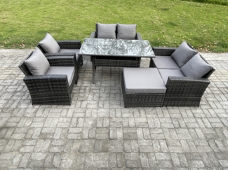 Fimous Rattan Gartenmöbel-Set 7 Sitzer Terrassen mit Länglicher Esstisch Doppelsitzsofa Großer Fußhocker Dunkelgrau gemischt