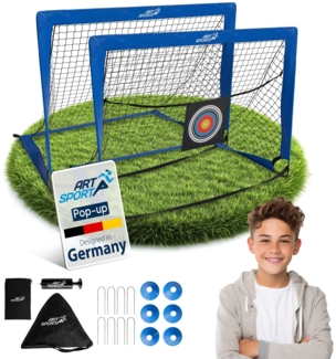 ArtSport 'Goal Master' Pop-Up Fußballtor, 2er Set, mit Zubehör, Fiberglas-Gestell, 120x90 cm, Blau